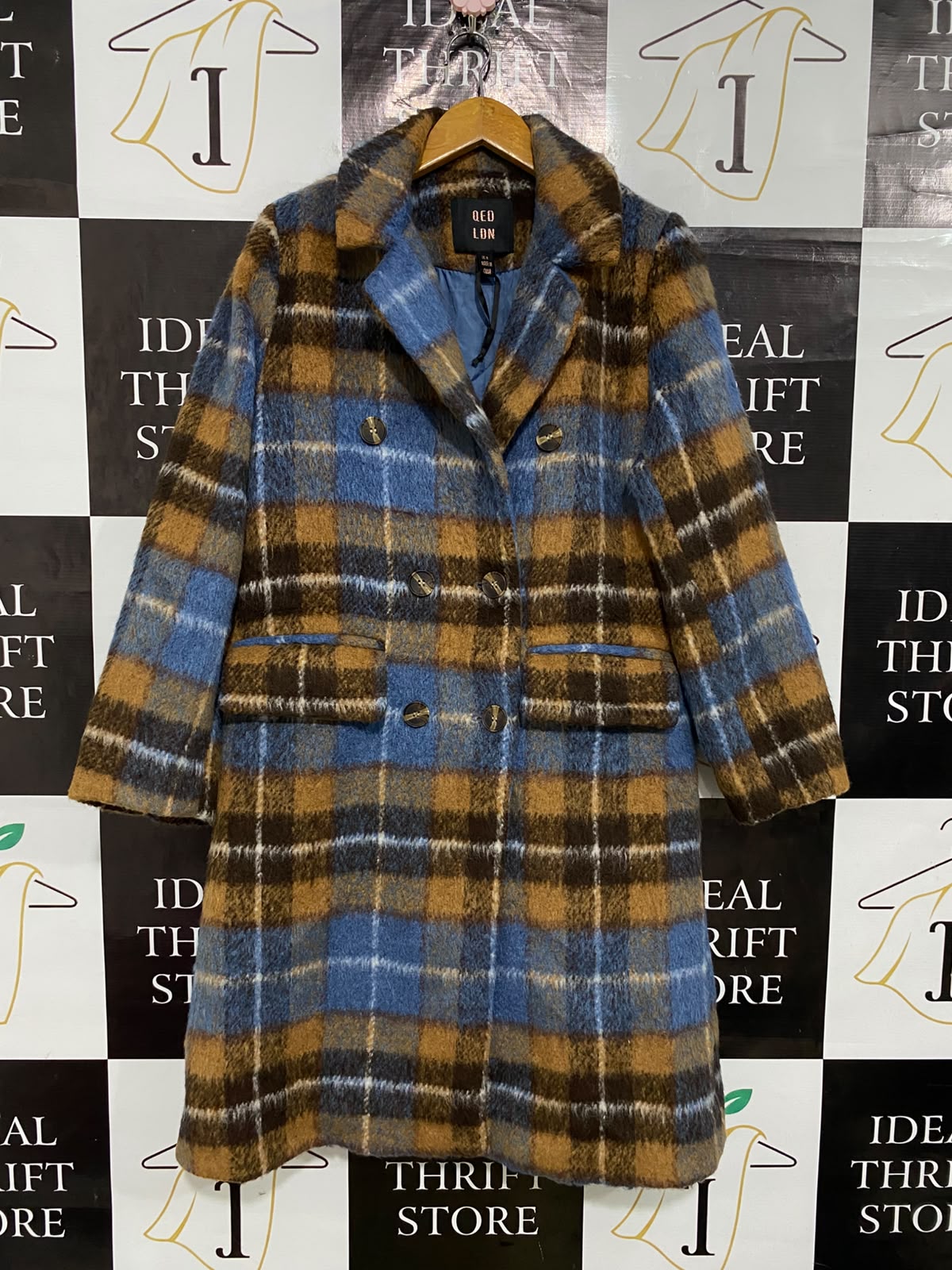 QEDLDN |S| BUST 20| A54| BLUE AND BROWN PLAID QED LONDON DOUBLE-BREASTED TECHNICAL UTILITY OVERCOAT