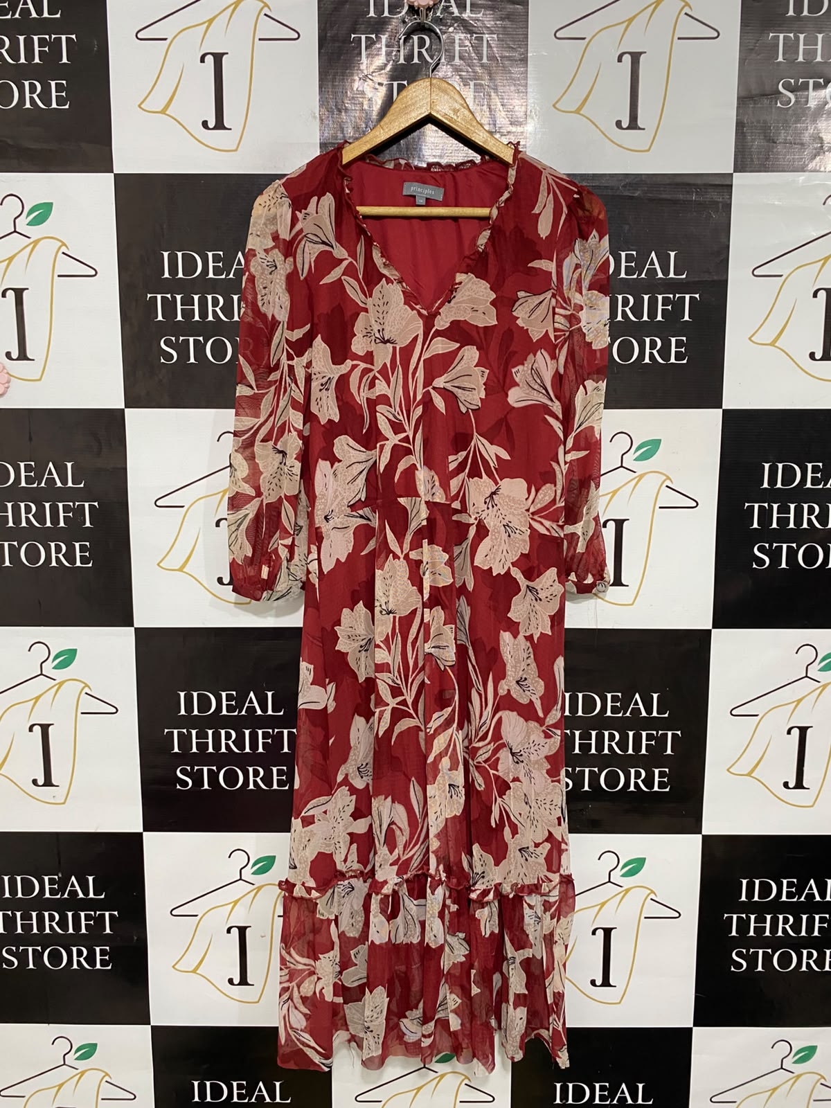 PRINCIPLES |M| BUST 17| A54| RED AND BEIGE FLORAL-PRINT V-NECK TECHNICAL UTILITY MIDI DRESS