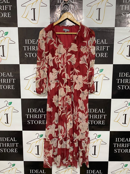 PRINCIPLES |M| BUST 17| A54| RED AND BEIGE FLORAL-PRINT V-NECK TECHNICAL UTILITY MIDI DRESS