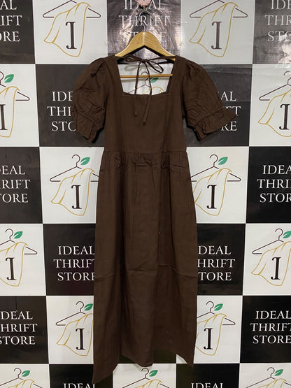 INFLUENCE |S| BUST 16| A54| BROWN INFLUENCE SQUARE-NECK FRONT-BUTTON TECHNICAL UTILITY MIDI DRESS