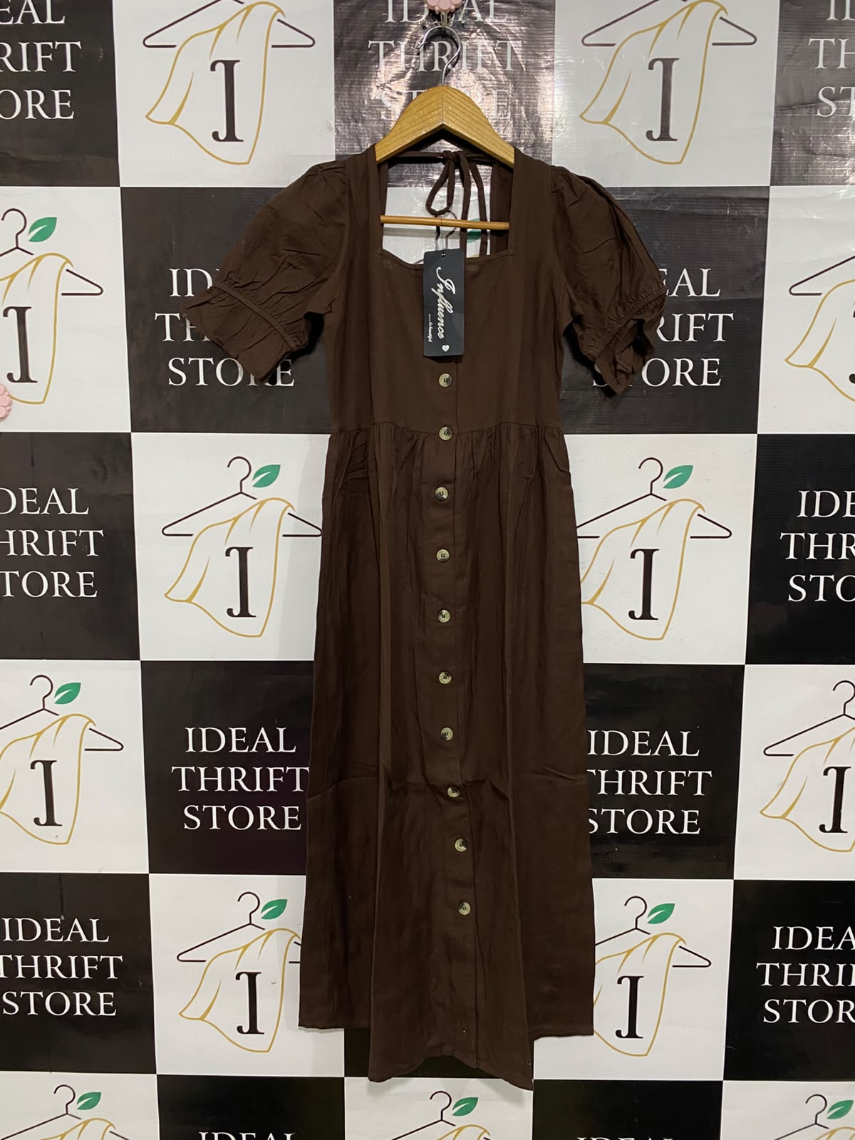 INFLUENCE |S| BUST 16| A54| BROWN INFLUENCE SQUARE-NECK FRONT-BUTTON TECHNICAL UTILITY MIDI DRESS