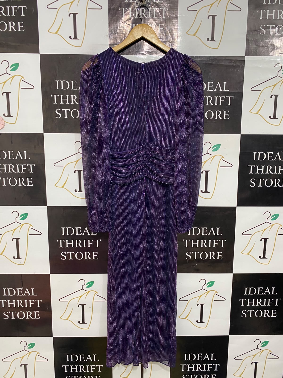 LUXE |S| BUST 16| A54| DEEP PURPLE METALLIC PLEATED LONG-SLEEVE TECHNICAL UTILITY MIDI DRESS