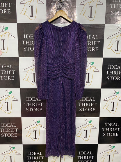 LUXE |S| BUST 16| A54| DEEP PURPLE METALLIC PLEATED LONG-SLEEVE TECHNICAL UTILITY MIDI DRESS