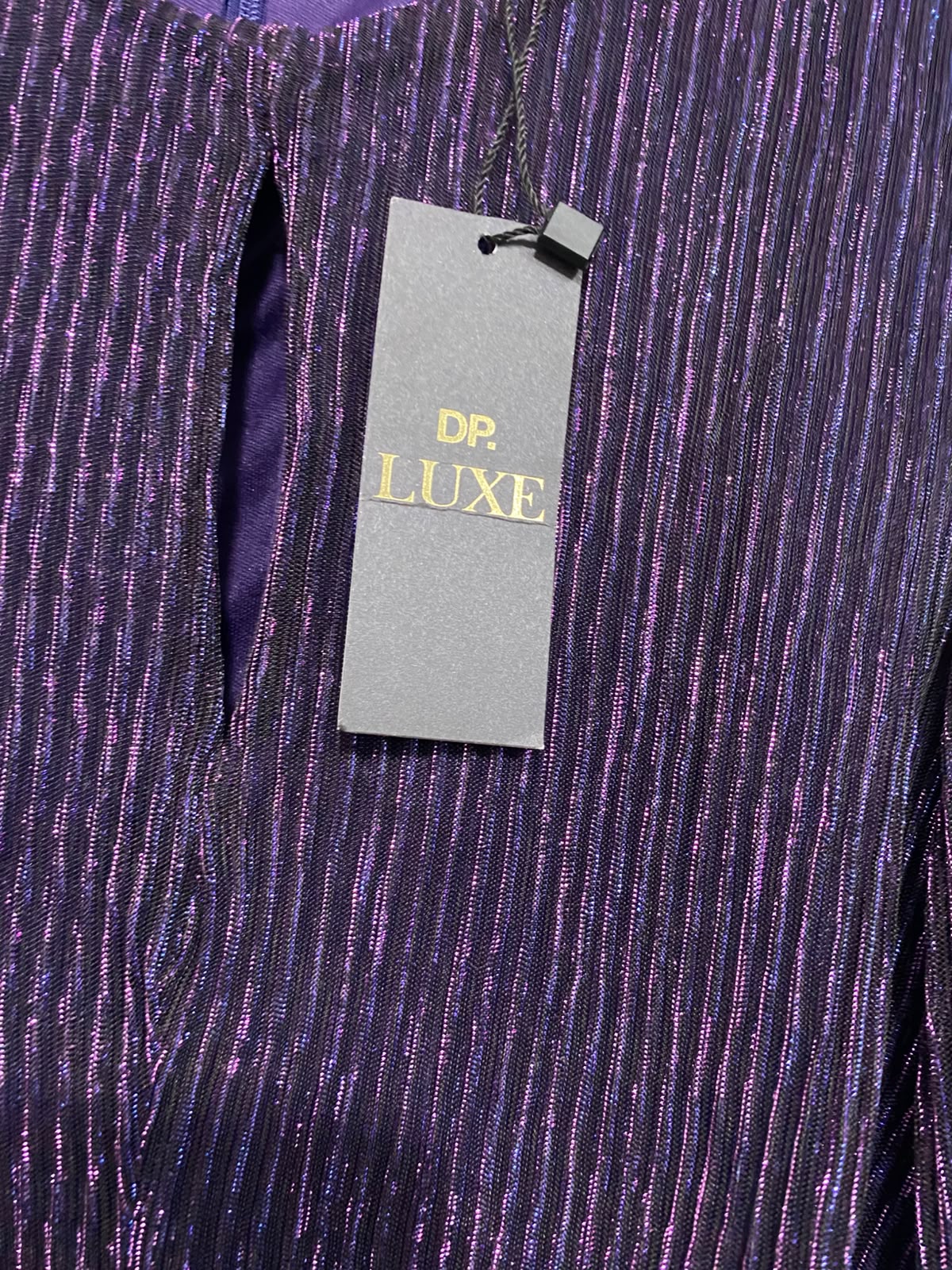 LUXE |S| BUST 16| A54| DEEP PURPLE METALLIC PLEATED LONG-SLEEVE TECHNICAL UTILITY MIDI DRESS