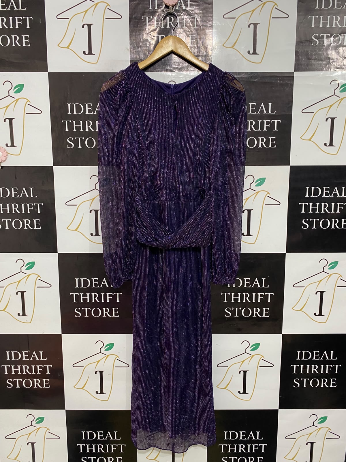 LUXE |S| BUST 16| A54| DEEP PURPLE METALLIC PLEATED LONG-SLEEVE TECHNICAL UTILITY MIDI DRESS