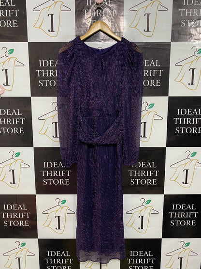 LUXE |S| BUST 16| A54| DEEP PURPLE METALLIC PLEATED LONG-SLEEVE TECHNICAL UTILITY MIDI DRESS
