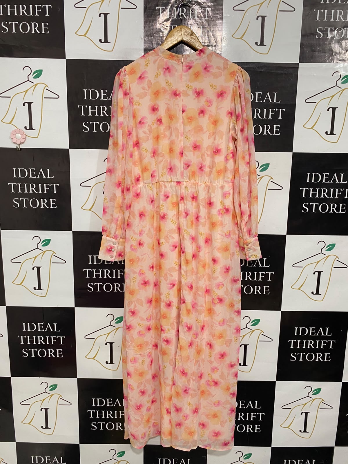 VILA |M| BUST 18| A54| PEACH AND PINK FLORAL-PRINT MOCK-NECK TECHNICAL UTILITY MIDI DRESS