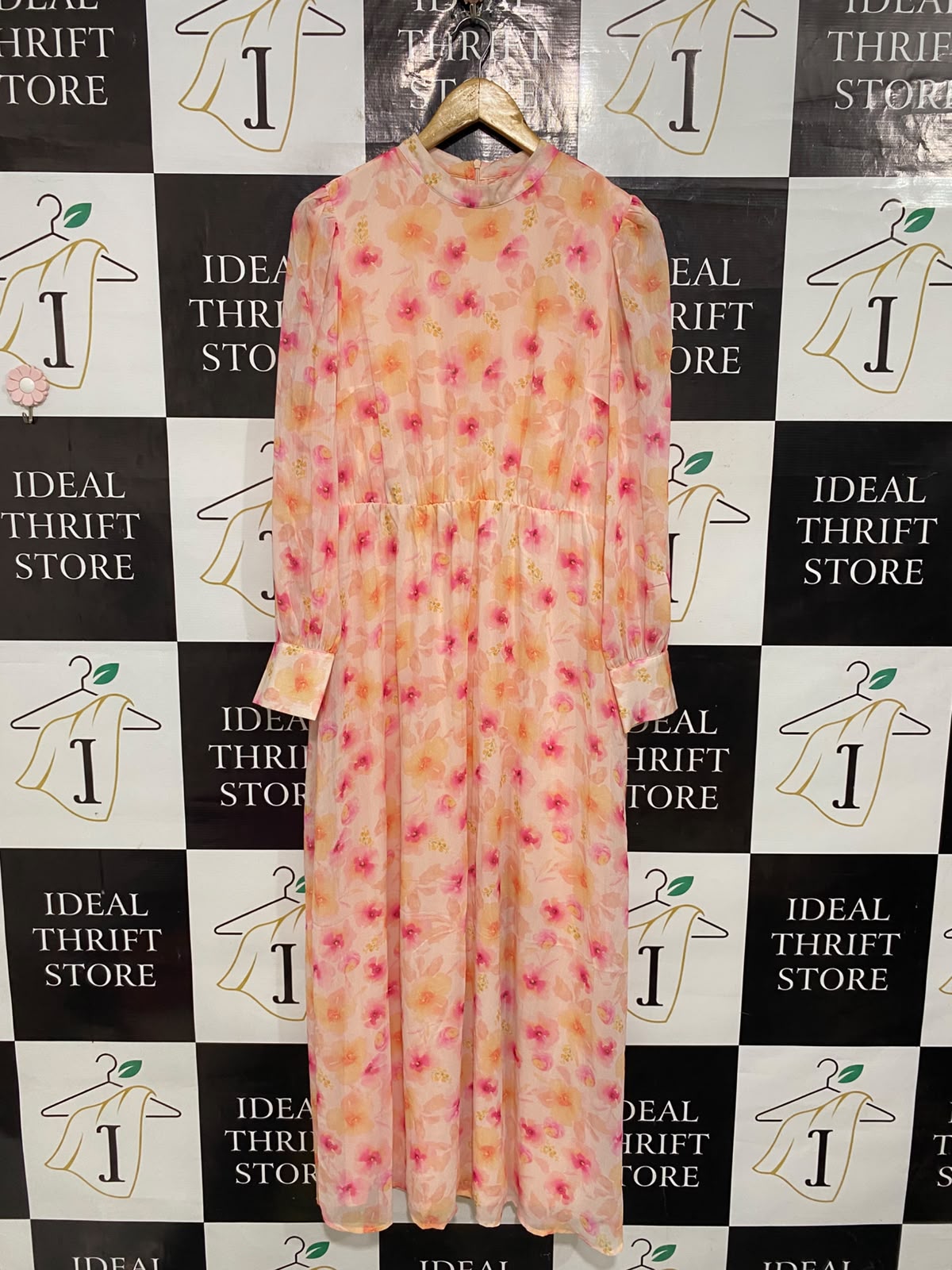 VILA |M| BUST 18| A54| PEACH AND PINK FLORAL-PRINT MOCK-NECK TECHNICAL UTILITY MIDI DRESS
