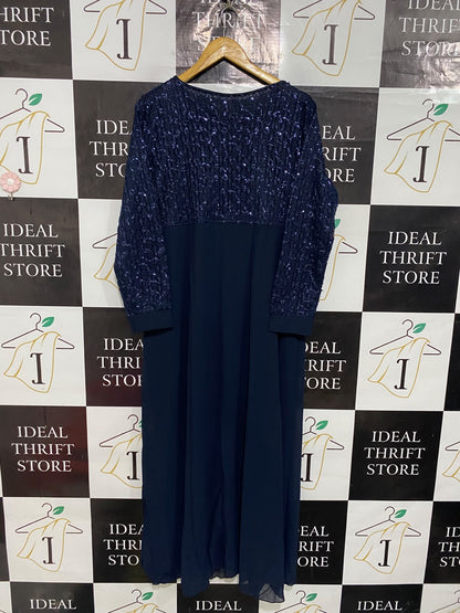 |L| BUST 21| A54| NAVY BLUE SEQUIN-EMBELLISHED LONG-SLEEVE TECHNICAL UTILITY MIDI DRESS