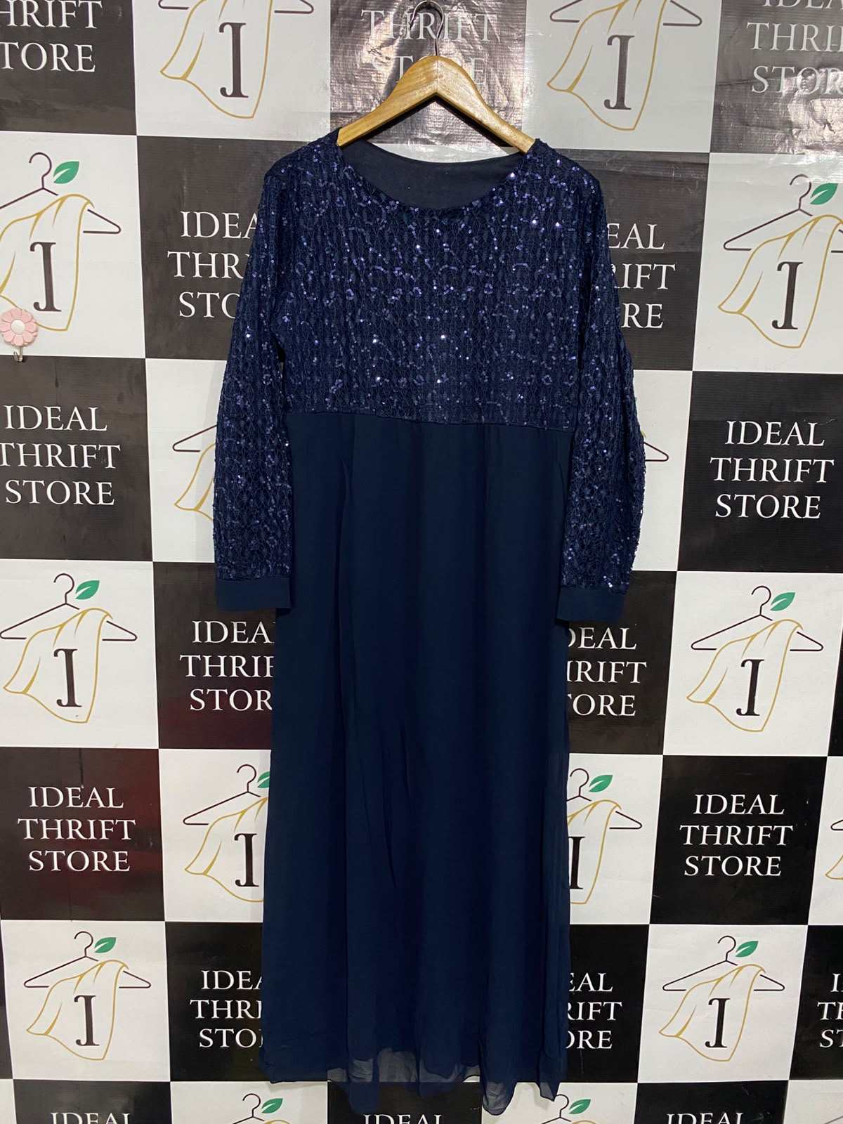 |L| BUST 21| A54| NAVY BLUE SEQUIN-EMBELLISHED LONG-SLEEVE TECHNICAL UTILITY MIDI DRESS