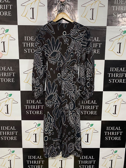 H&M |S| BUST 17| A54| DARK BROWN AND WHITE ABSTRACT FLORAL-PRINT WRAP TECHNICAL UTILITY MIDI DRESS