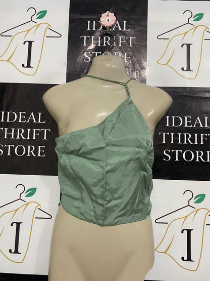 ZARA |L| BUST 18| A53| SAGE GREEN ASYMMETRIC ONE-SHOULDER TECHNICAL UTILITY CROP TOP