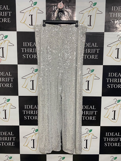 JADED ROSE |XXL| WAIST 38| A53| SILVER SEQUIN-EMBELLISHED WIDE-LEG TECHNICAL UTILITY TROUSERS