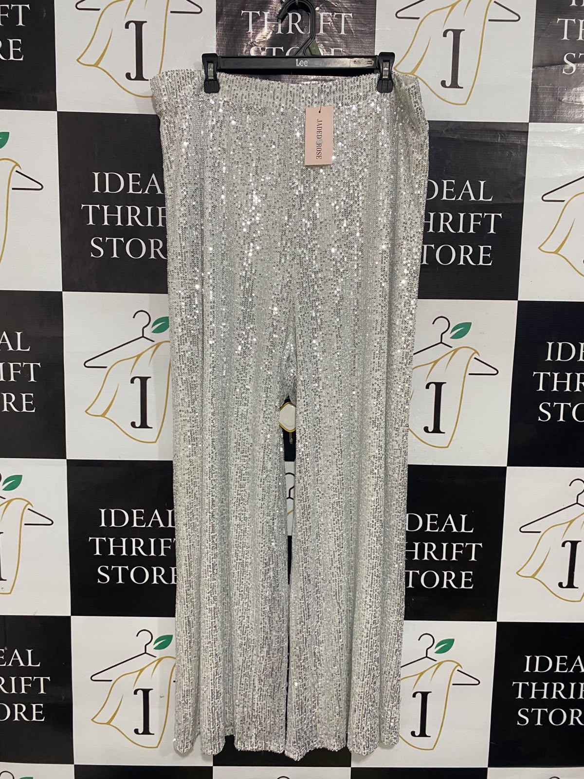 JADED ROSE |XXL| WAIST 38| A53| SILVER SEQUIN-EMBELLISHED WIDE-LEG TECHNICAL UTILITY TROUSERS