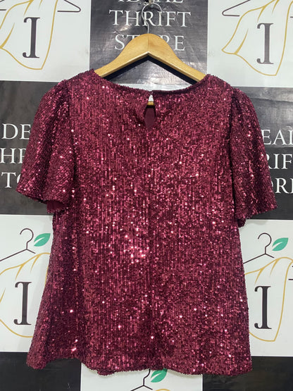 |S| BUST 19| A53| BURGUNDY SEQUIN-EMBELLISHED SHORT-SLEEVE TECHNICAL UTILITY BLOUSE