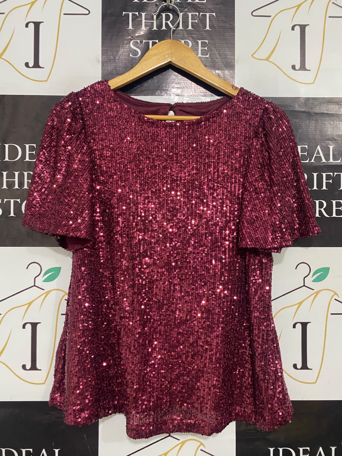|S| BUST 19| A53| BURGUNDY SEQUIN-EMBELLISHED SHORT-SLEEVE TECHNICAL UTILITY BLOUSE