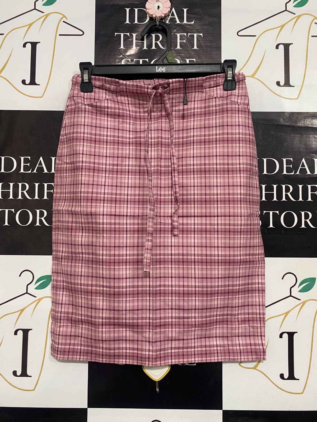 PEACHY DEN |S| WAIST 26| A53| PINK PLAID DRAWSTRING TECHNICAL UTILITY PENCIL SKIRT