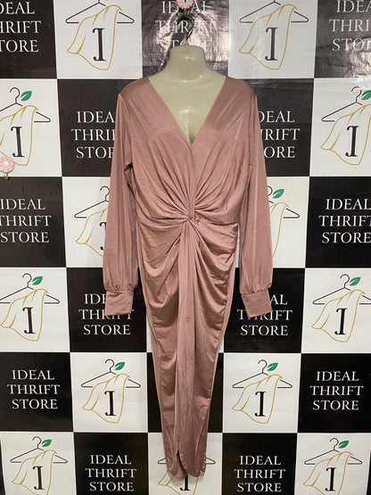 BOOHOO |M| BUST 17| A53| DUSTY ROSE KNOT-FRONT LONG-SLEEVE TECHNICAL UTILITY MIDI DRESS