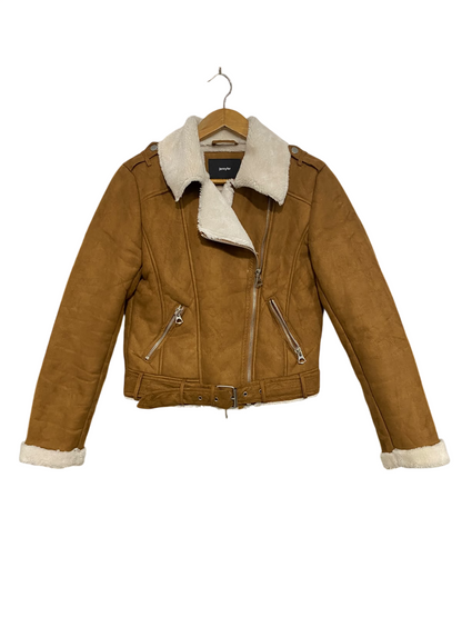 JENNYFER |S| BUST 20| A54| TAN AND WHITE FAUX-SHEARLING BIKER TECHNICAL UTILITY JACKET