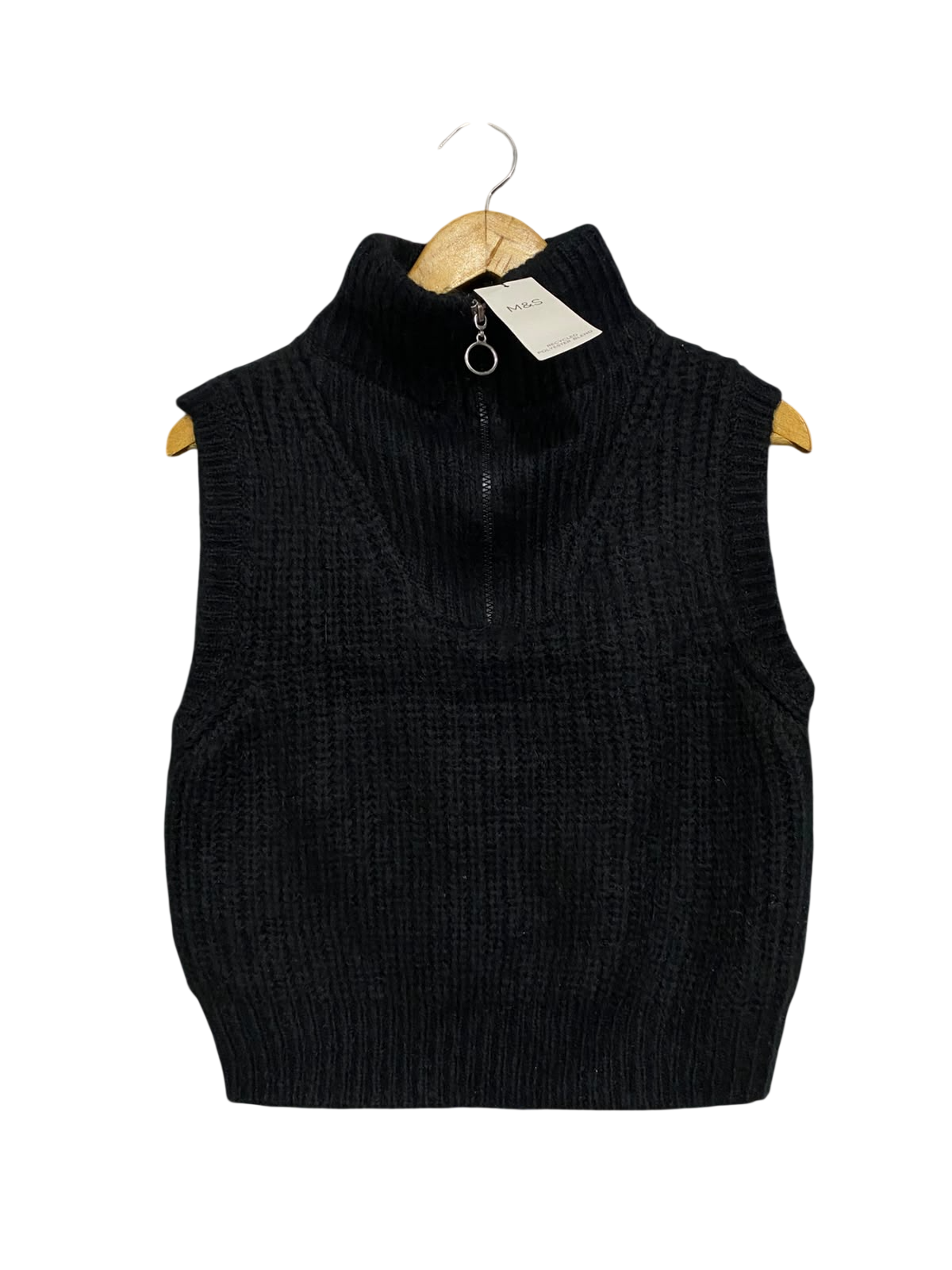 M&S |XS| BUST 18| A54| BLACK HALF-ZIP MOCK-NECK SLEEVELESS TECHNICAL UTILITY KNIT VEST