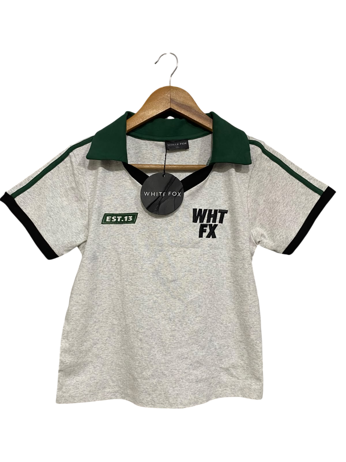 WHITE FOX |XS| BUST 16| A54| GREY AND GREEN SHORT-SLEEVE COLLARED TECHNICAL UTILITY TEE