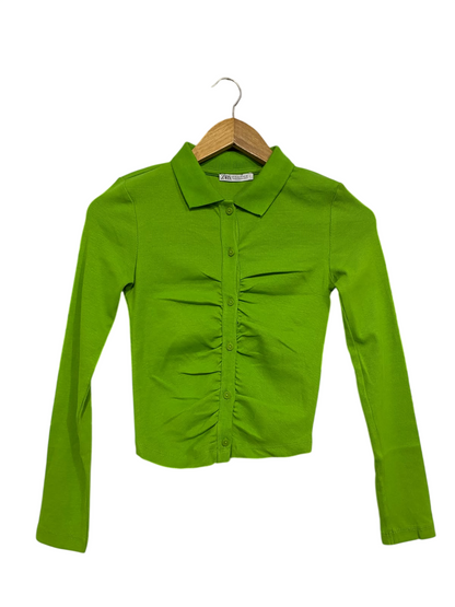 ZARA |S| BUST 14| A54| LIME GREEN LONG-SLEEVE RUFFLED BUTTON-FRONT TECHNICAL UTILITY POLO SHIRT