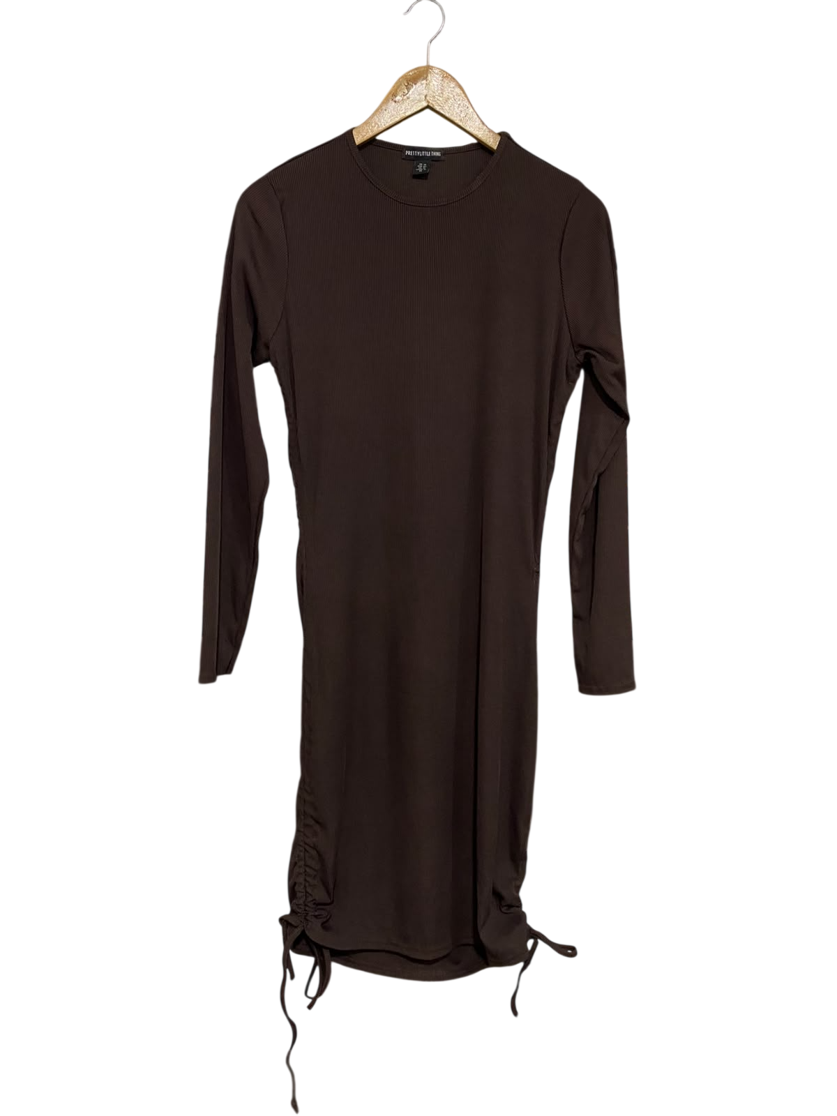 PRETTYLITTLE THING |M| BUST 18| A55| BROWN RIBBED LONG-SLEEVE DRAWSTRING TECHNICAL UTILITY MINI DRESS