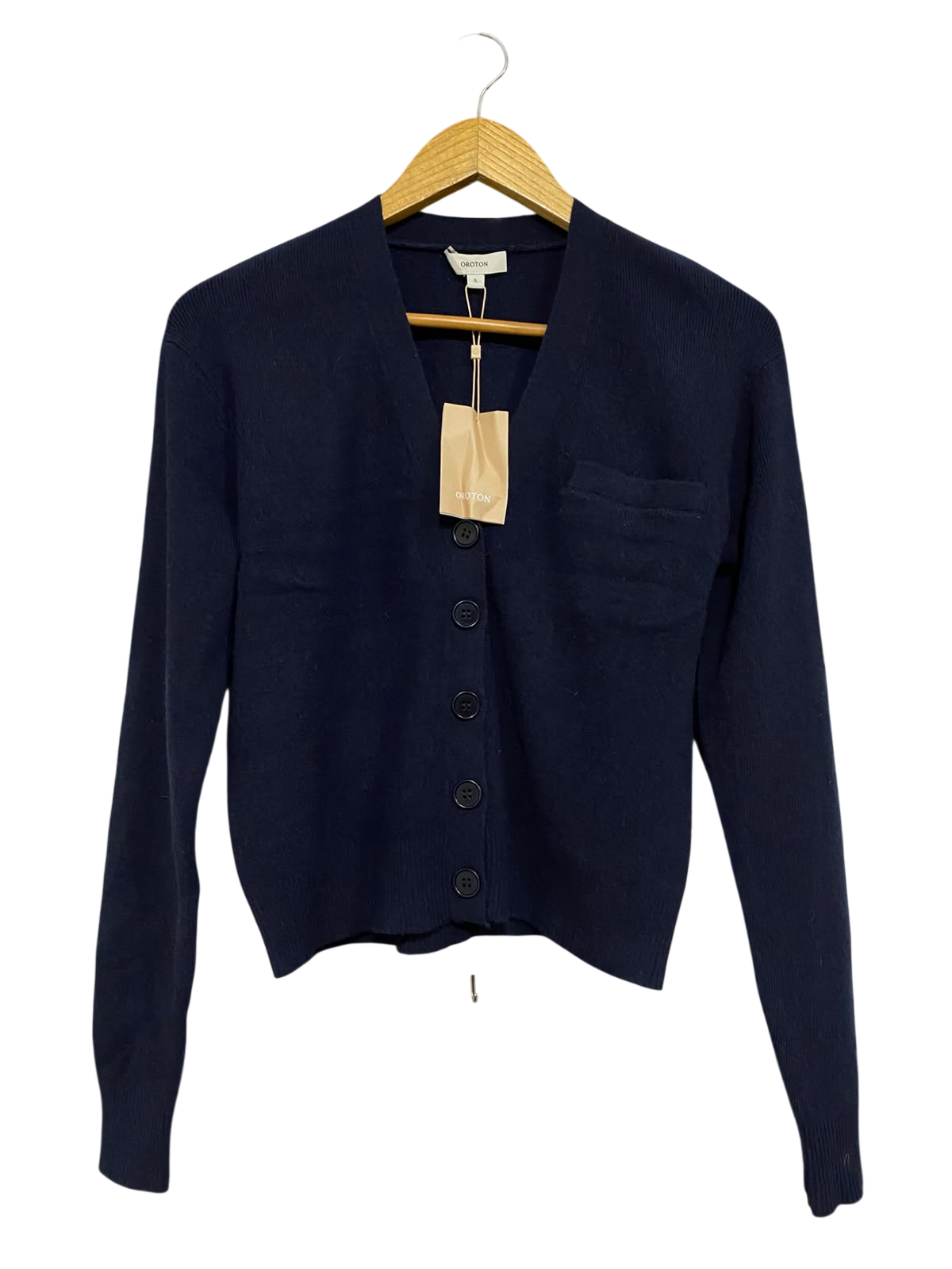 OROTON |S| BUST 19| A55| NAVY BLUE V-NECK BUTTON-FRONT TECHNICAL UTILITY CARDIGAN