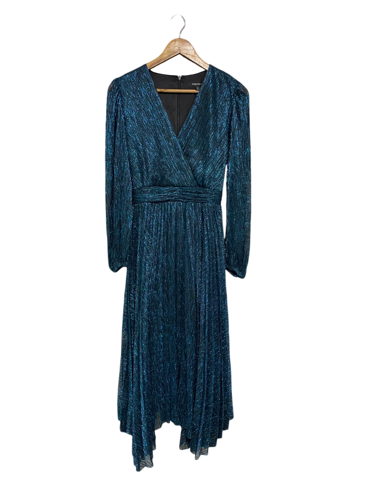 FOREVER NEW |S| BUST 16| A55| METALLIC BLUE TEAL LONG-SLEEVE WRAP-STYLE TECHNICAL UTILITY MIDI DRESS