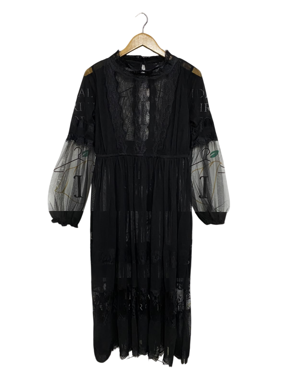 |M| BUST 18| A55| BLACK MOCK-NECK LACE AND SHEER MESH TECHNICAL UTILITY MIDI DRESS