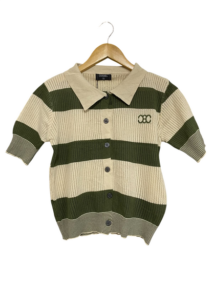 CHANEL |M| BUST 17| A55| OLIVE AND BEIGE STRIPED BUTTON-FRONT TECHNICAL UTILITY POLO SHIRT