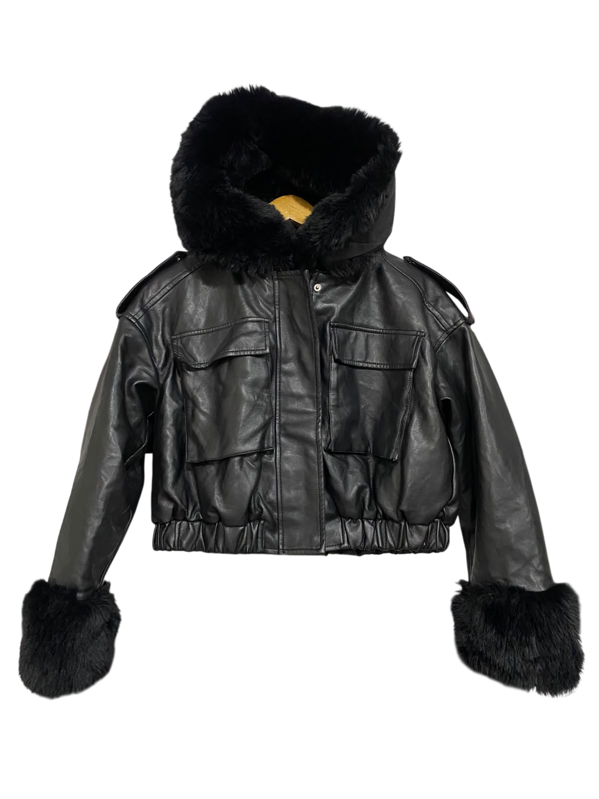 GIORGIA |S| BUST 23| A22| BLACK FAUX-LEATHER FUR-TRIM HOODED TECHNICAL UTILITY BOMBER JACKET