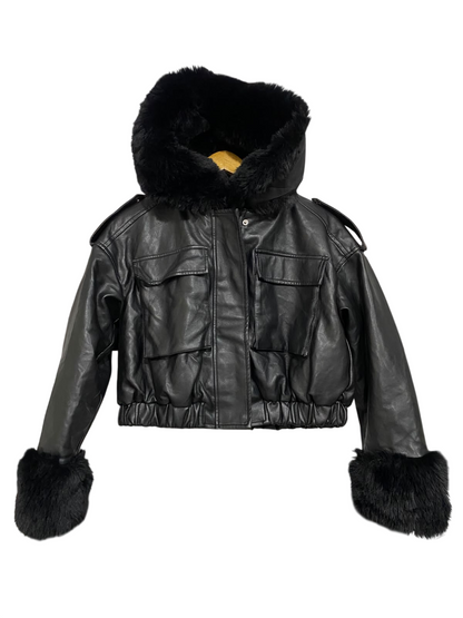 GIORGIA |S| BUST 23| A22| BLACK FAUX-LEATHER FUR-TRIM HOODED TECHNICAL UTILITY BOMBER JACKET