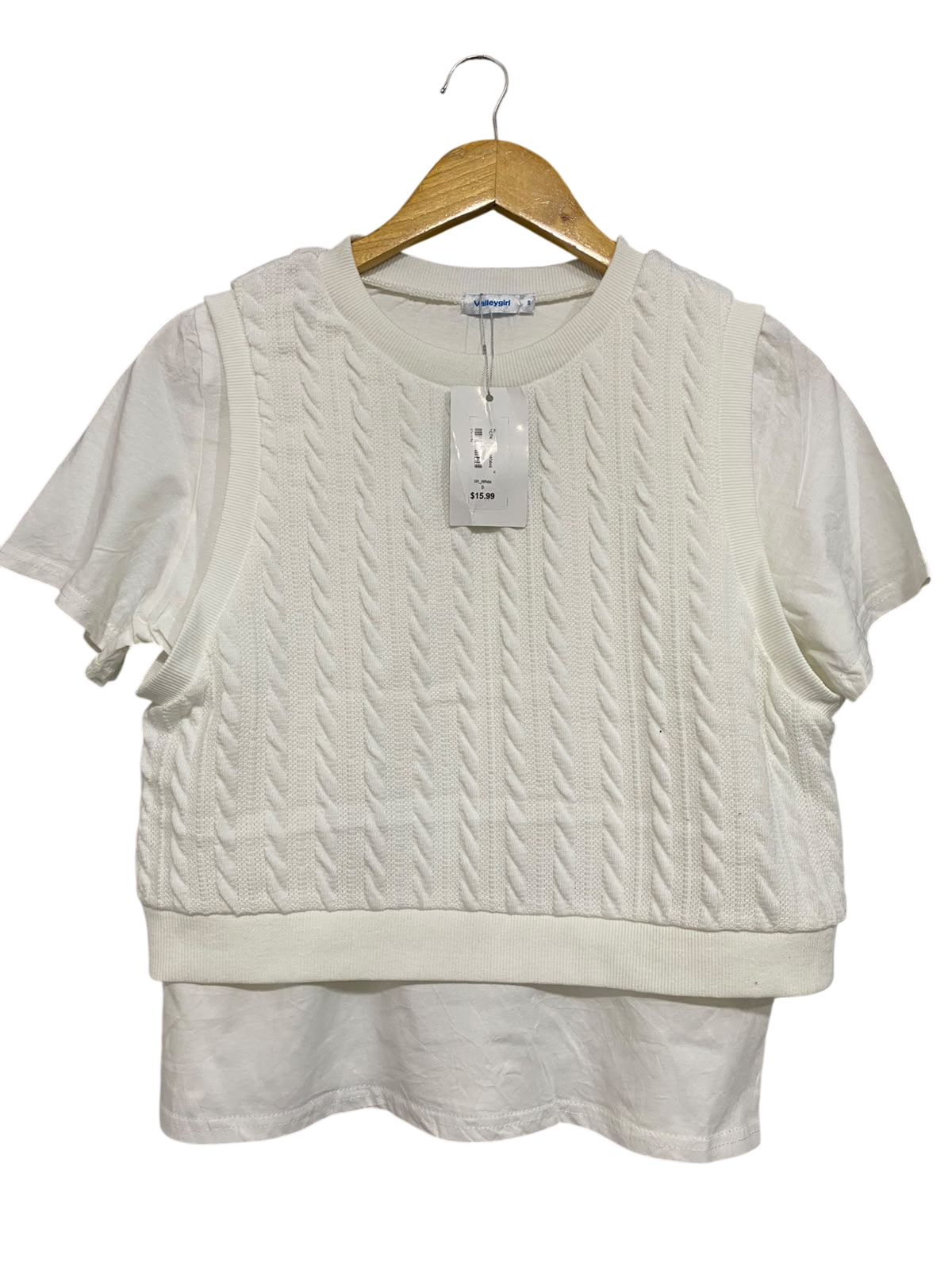 VALLEY GIRL |S| BUST 19| A55| WHITE CABLE-KNIT LAYERED-LOOK TECHNICAL UTILITY T-SHIRT & VEST COMBO