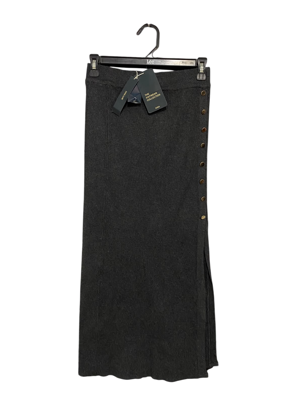 ZARA KNIT |M| WAIST 24| A55| CHARCOAL GREY RIBBED BUTTON-SLIT TECHNICAL UTILITY MIDI SKIRT