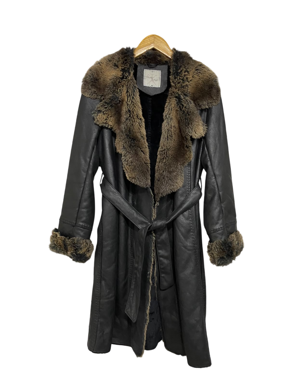 POUSSIERE & ELOTE |M| BUST 21| A55| DARK BROWN FAUX-SHEARLING FUR-TRIM BELTED TECHNICAL UTILITY TRENCH COAT