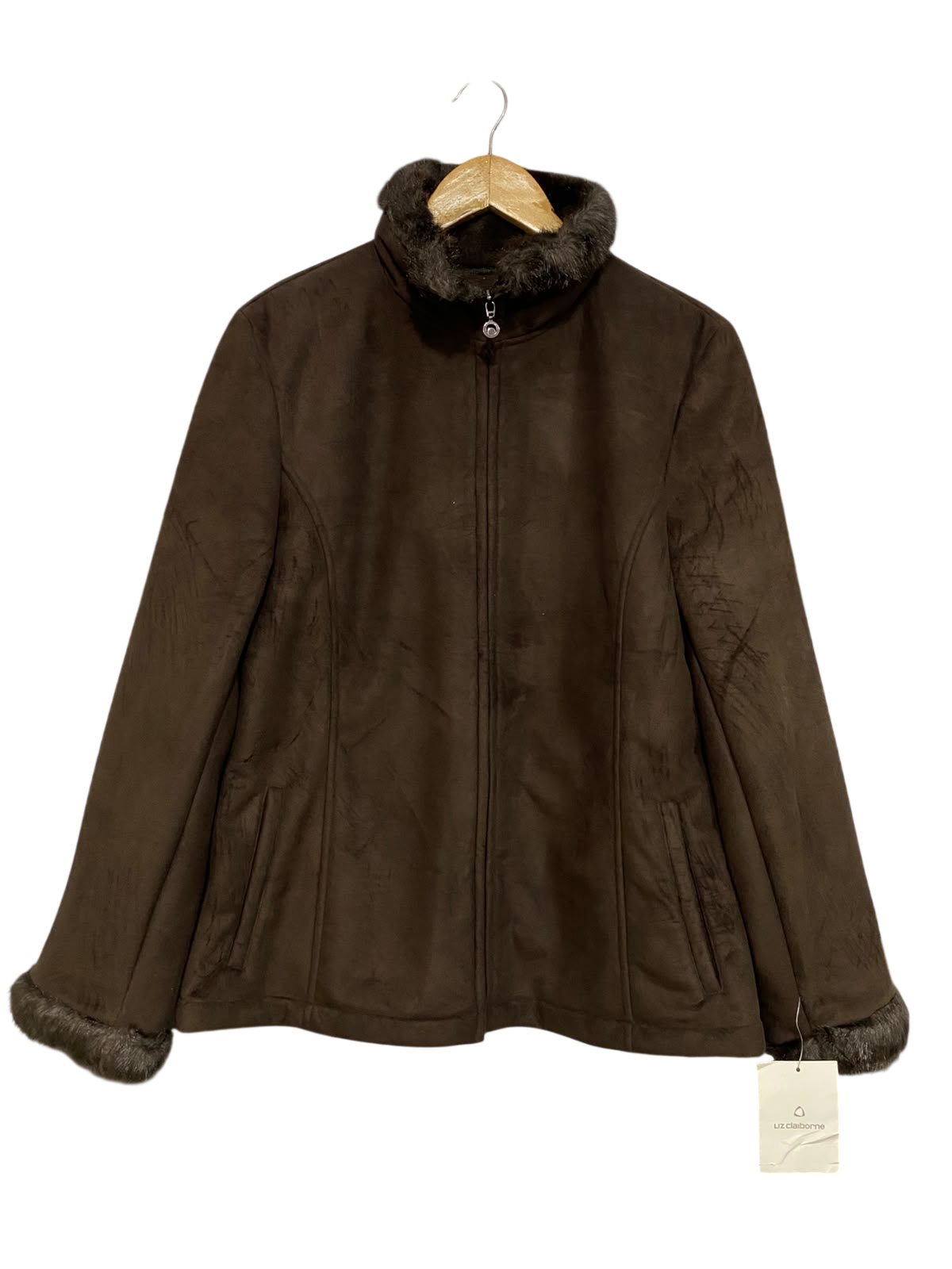 LIZ CLAIBORNE |M| BUST 20| A32| BROWN FAUX-SUEDE & FUR-TRIM TECHNICAL UTILITY JACKET
