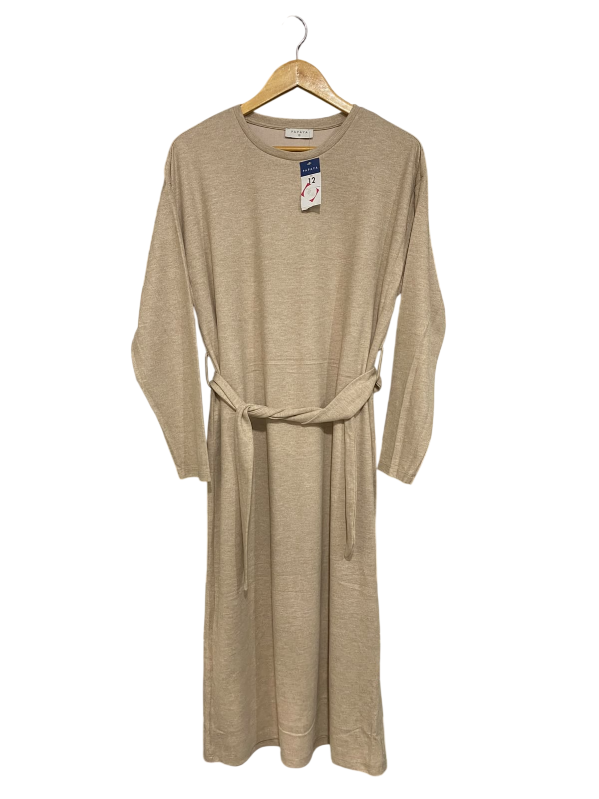 PAPAYA |M| BUST 21| A32| BEIGE CREWNECK LONG-SLEEVE BELTED TECHNICAL UTILITY MIDI DRESS