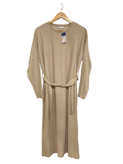 PAPAYA |M| BUST 21| A32| BEIGE CREWNECK LONG-SLEEVE BELTED TECHNICAL UTILITY MIDI DRESS