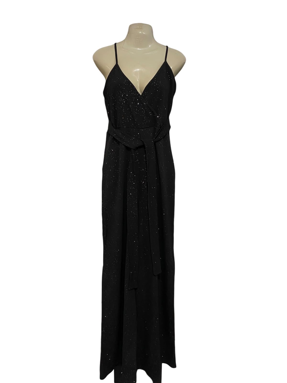 BOOHOO |M| BUST 17| A32| BLACK SPARKLE-KNIT WRAP-FRONT CAMI TECHNICAL UTILITY MAXI DRESS