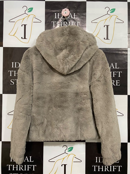 HOLLISTER |S| BUST 21| A32| TAUPE FAUX-FUR HOODED ZIP-UP TECHNICAL UTILITY JACKET