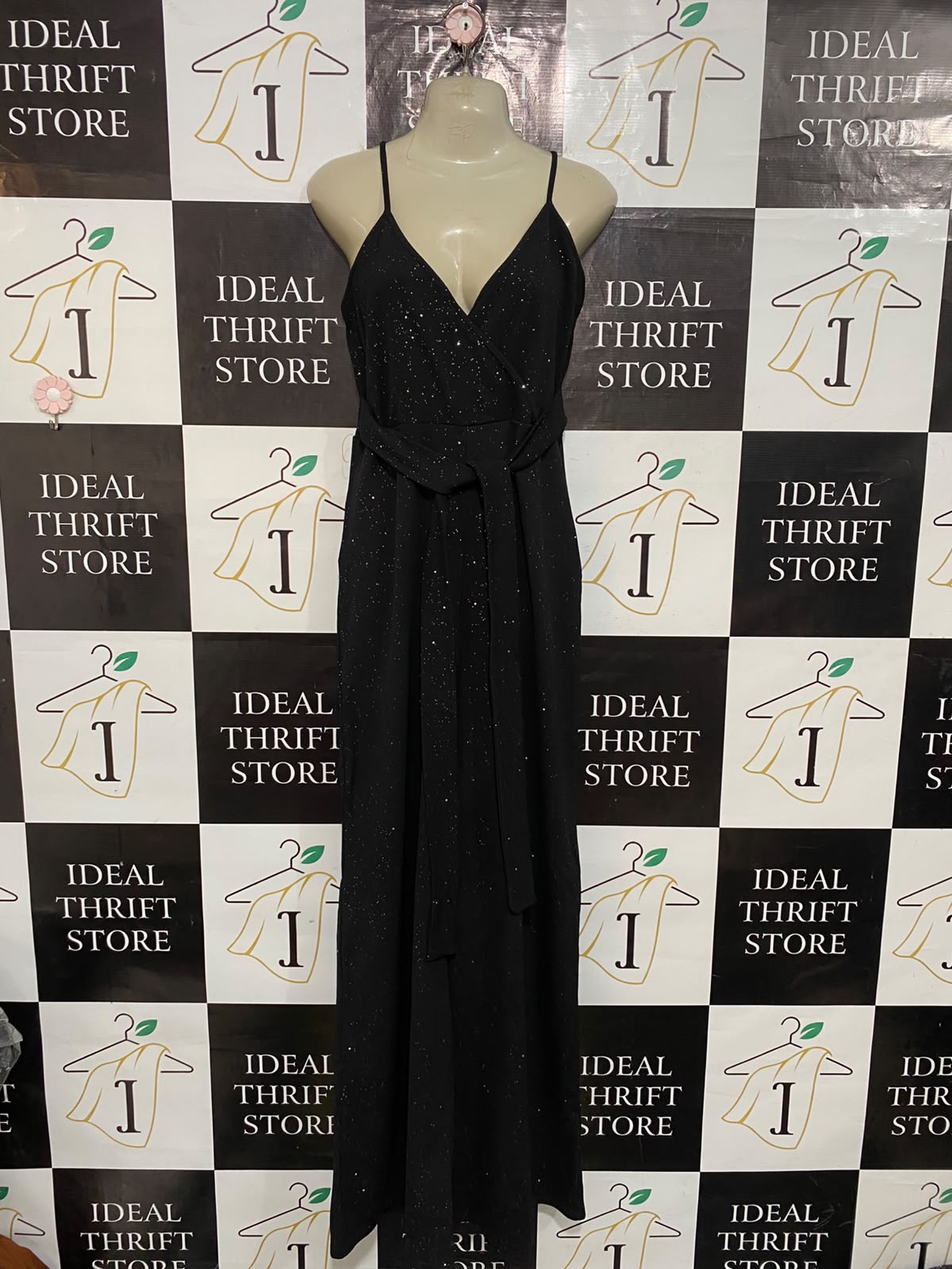 BOOHOO |M| BUST 17| A32| BLACK SPARKLE-KNIT WRAP-FRONT CAMI TECHNICAL UTILITY MAXI DRESS