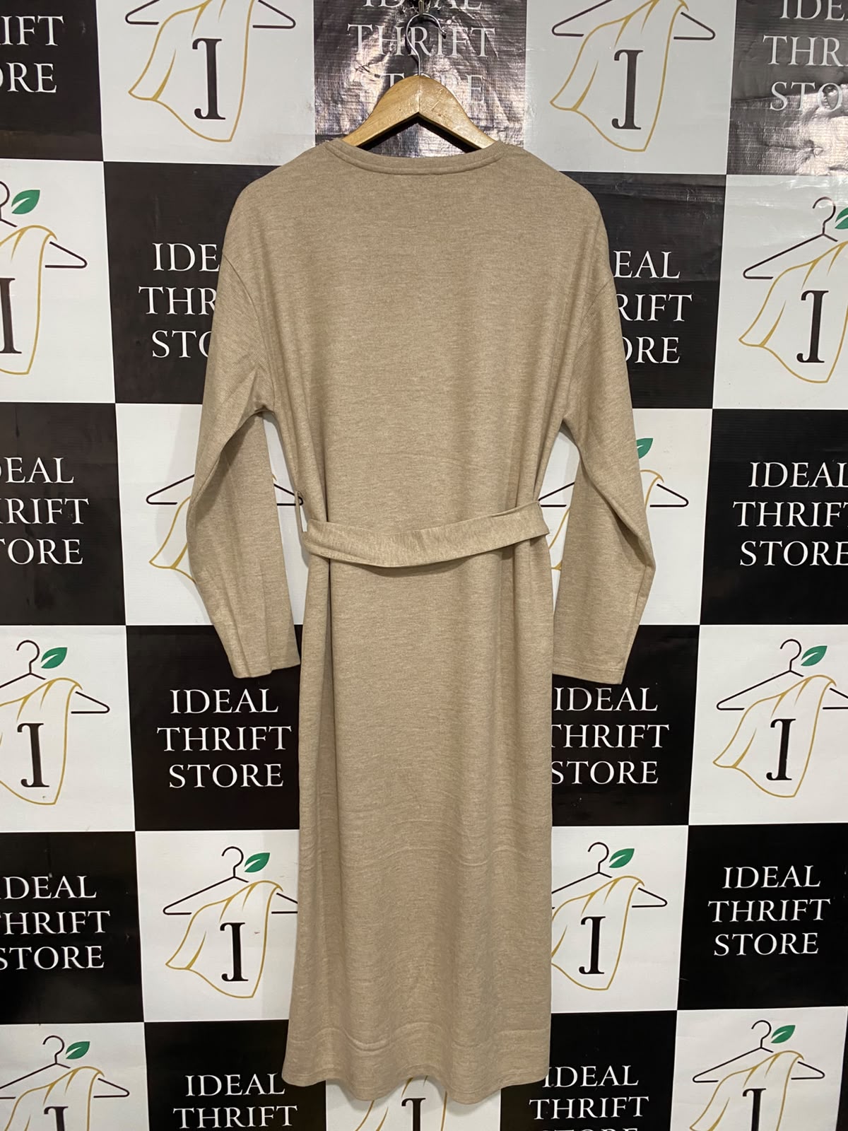 PAPAYA |M| BUST 21| A32| BEIGE CREWNECK LONG-SLEEVE BELTED TECHNICAL UTILITY MIDI DRESS