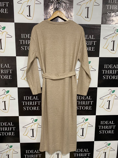 PAPAYA |M| BUST 21| A32| BEIGE CREWNECK LONG-SLEEVE BELTED TECHNICAL UTILITY MIDI DRESS