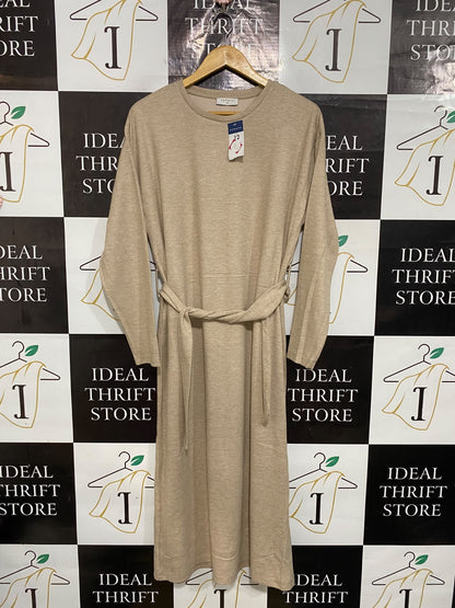 PAPAYA |M| BUST 21| A32| BEIGE CREWNECK LONG-SLEEVE BELTED TECHNICAL UTILITY MIDI DRESS