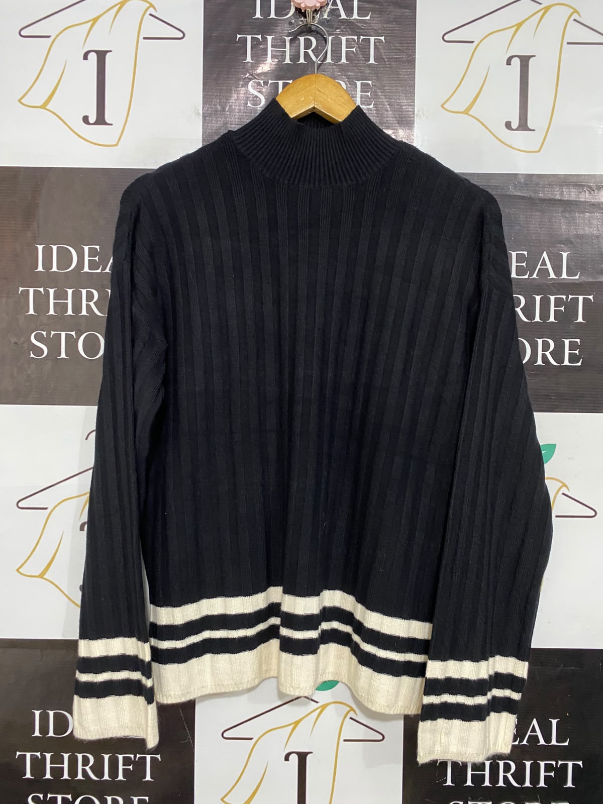 F&F |S| BUST 21| A32| BLACK MOCK-NECK STRIPED-HEM TECHNICAL UTILITY KNIT SWEATER