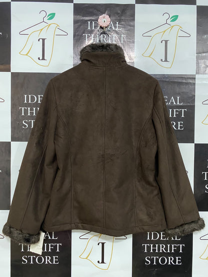 LIZ CLAIBORNE |M| BUST 20| A32| BROWN FAUX-SUEDE & FUR-TRIM TECHNICAL UTILITY JACKET