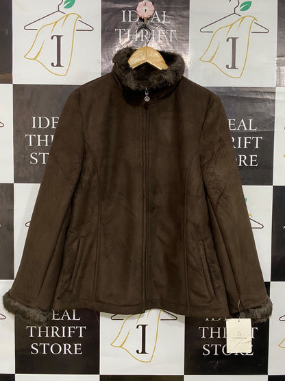 LIZ CLAIBORNE |M| BUST 20| A32| BROWN FAUX-SUEDE & FUR-TRIM TECHNICAL UTILITY JACKET