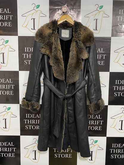 POUSSIERE & ELOTE |M| BUST 21| A55| DARK BROWN FAUX-SHEARLING FUR-TRIM BELTED TECHNICAL UTILITY TRENCH COAT