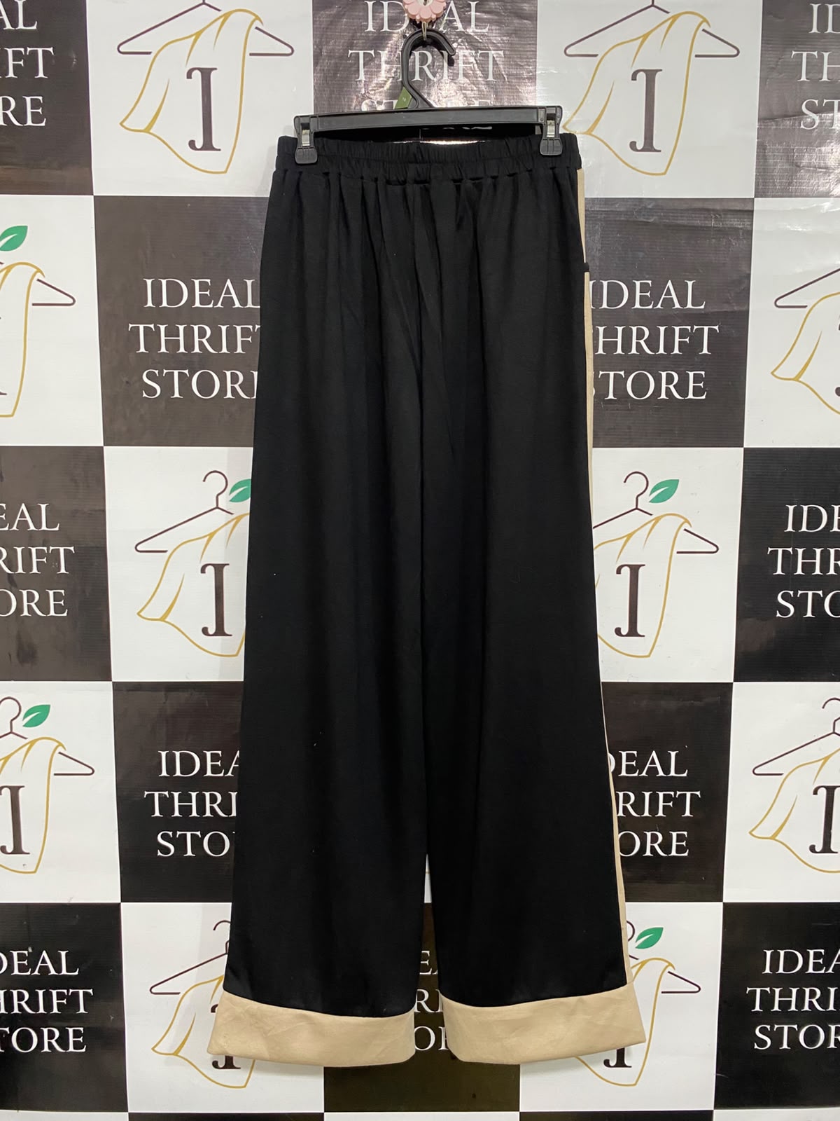 |L| WAIST 28| A55| BEIGE & BLACK COLORBLOCK DRAWSTRING-WAIST TECHNICAL UTILITY TROUSERS